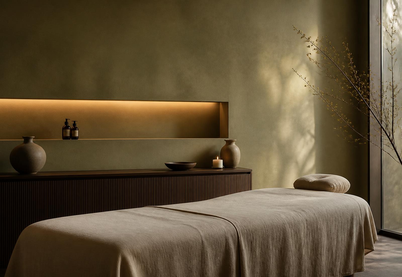 The treatment room, softly lit